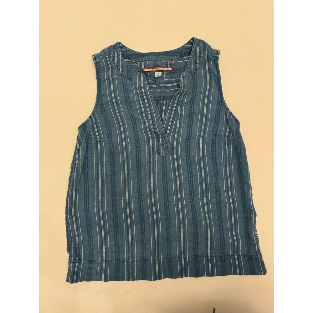 Tommy Hilfiger Shirt Womens Medium Blue Striped Sleeveless‎ V Neck Cotton Top
